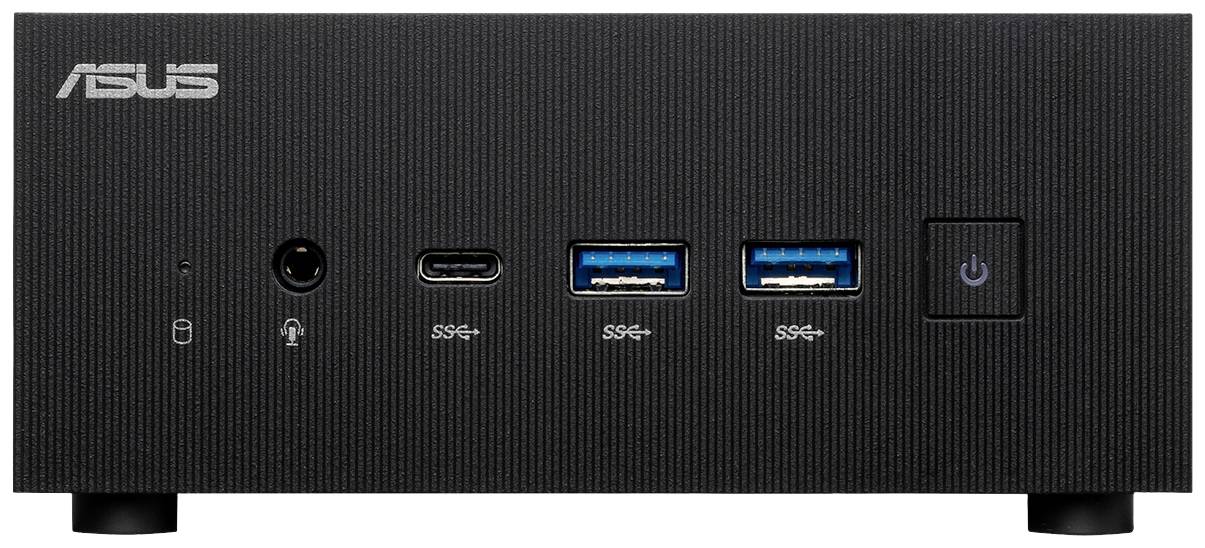 Ein schwarzer Asus Mini-PC mit mehreren Anschlüssen an der Vorderseite, darunter USB- und Kopfhöreranschlüsse, neben einem Netzschalter.