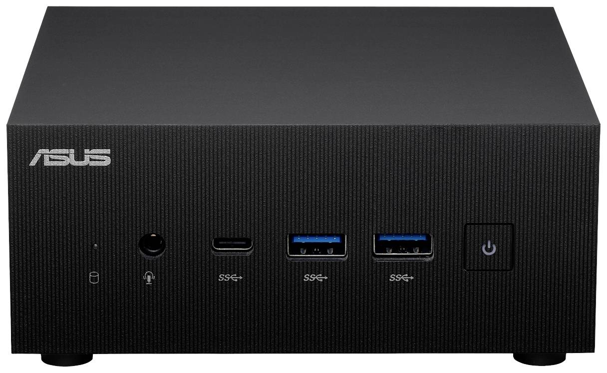 Schwarzes ASUS Mini-PC-Gehäuse mit mehreren Anschlüssen auf der Vorderseite, einschließlich USB- und Audioanschlüsse sowie ein Netzschalter.