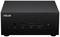 Schwarzes ASUS Mini-PC-Gehäuse mit mehreren Anschlüssen auf der Vorderseite, einschließlich USB- und Audioanschlüsse sowie ein Netzschalter.