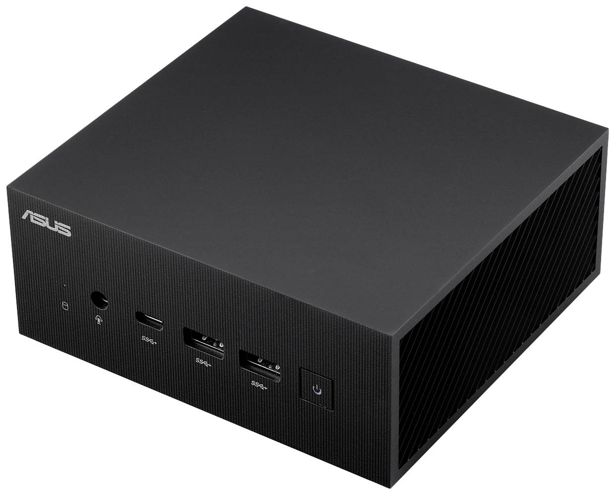 Ein schwarzer ASUS Mini-PC mit verschiedenen Anschlüssen an der Vorderseite, darunter HDMI, USB und ein Netzschalter.