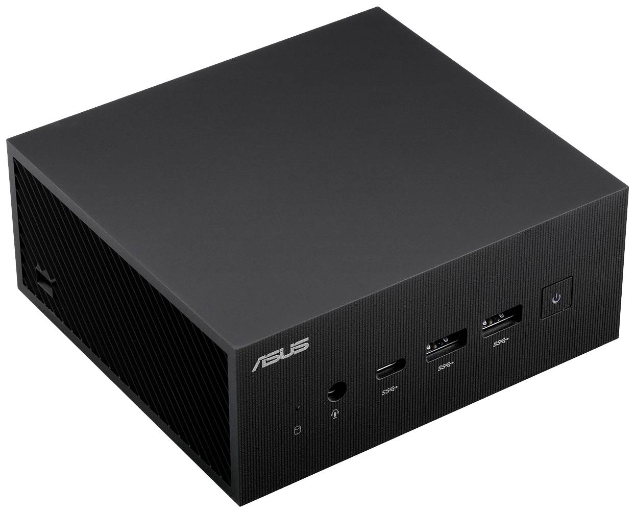 Schwarzer Mini-PC mit ASUS-Logo, mehreren USB-Anschlüssen und Stromtaste an der Vorderseite, kompakt und moderner Stil.