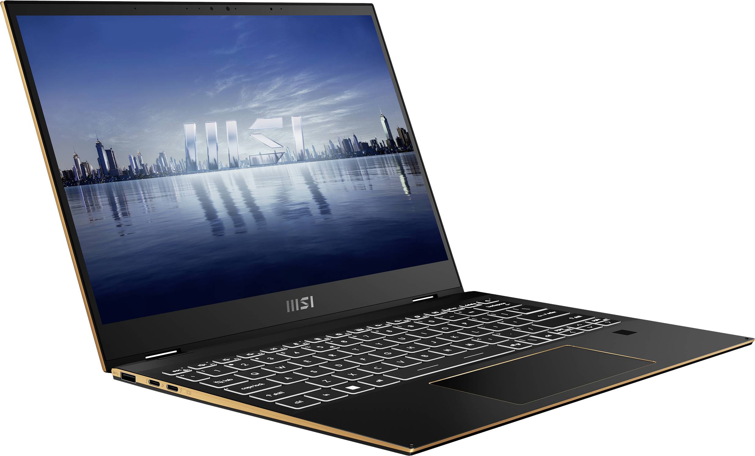 Ein moderner Laptop mit schmalem Rand und einer Stadtansicht auf dem Bildschirm. Perfekt für Business und Multimedia-Anwendungen.