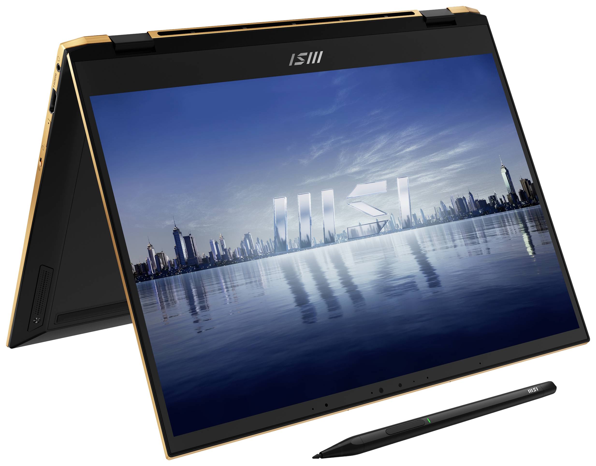 Ein Laptop im Zeltmodus mit einem Stadtbildschirm und einem Stylus-Stift davor.