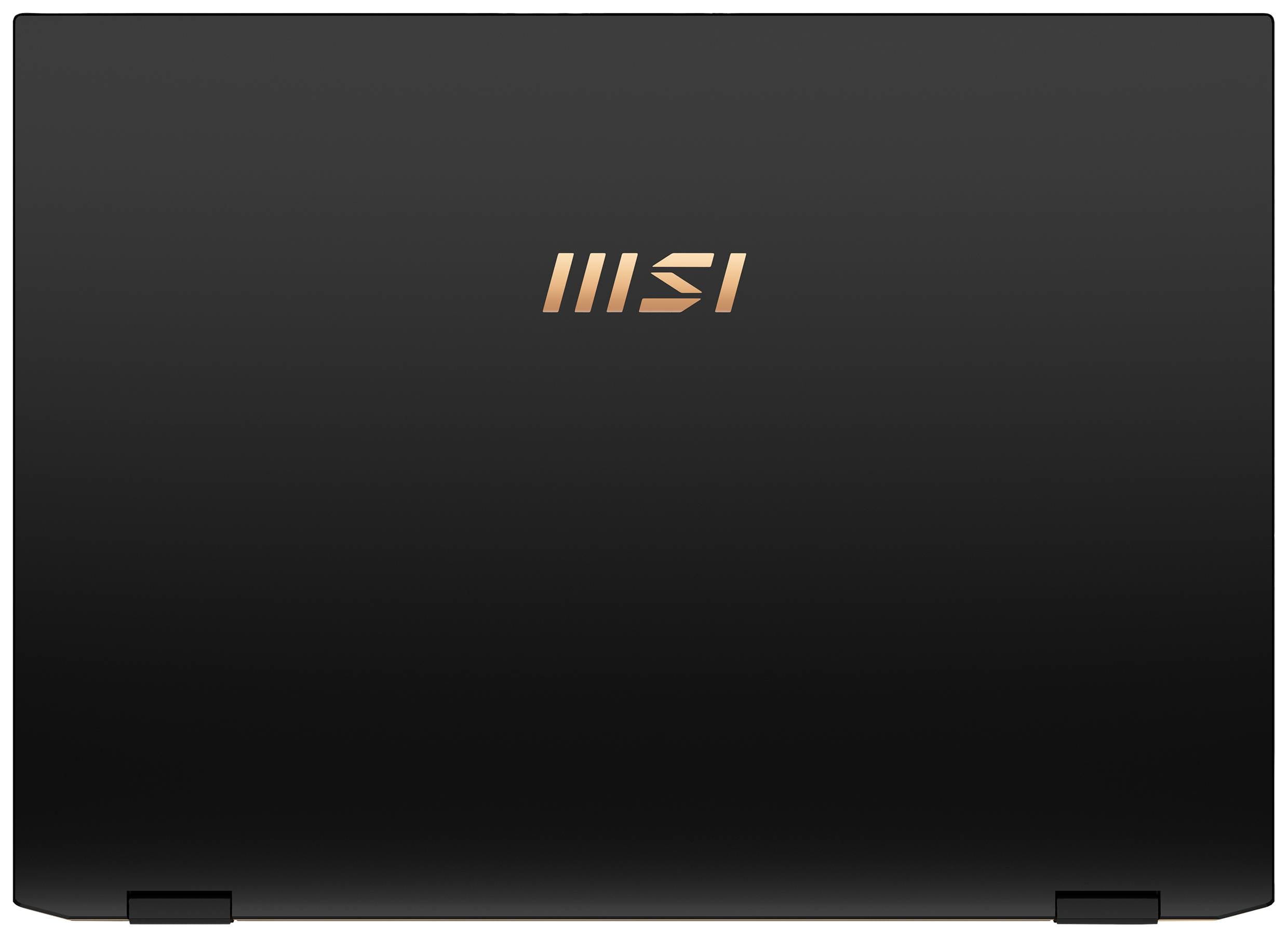 Laptop mit schwarzem Deckel und dem MSI-Logo in der Mitte.