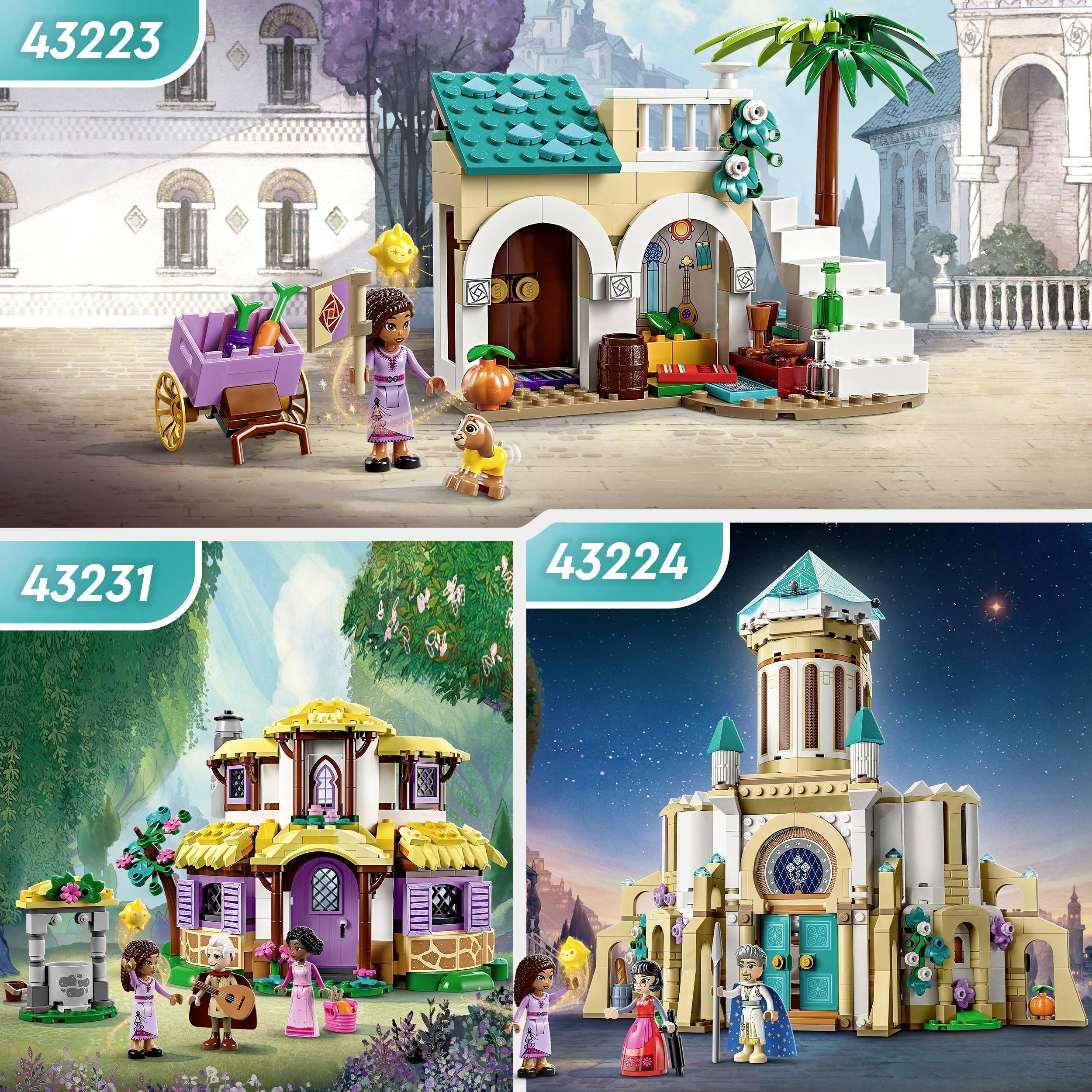 Drei Bausteinsets: Oberes Bild mit Hund und Kutsche vor Haus (Nr. 43223), unteres links mit violettem Haus (Nr. 43231), rechts Turm (Nr. 43224).