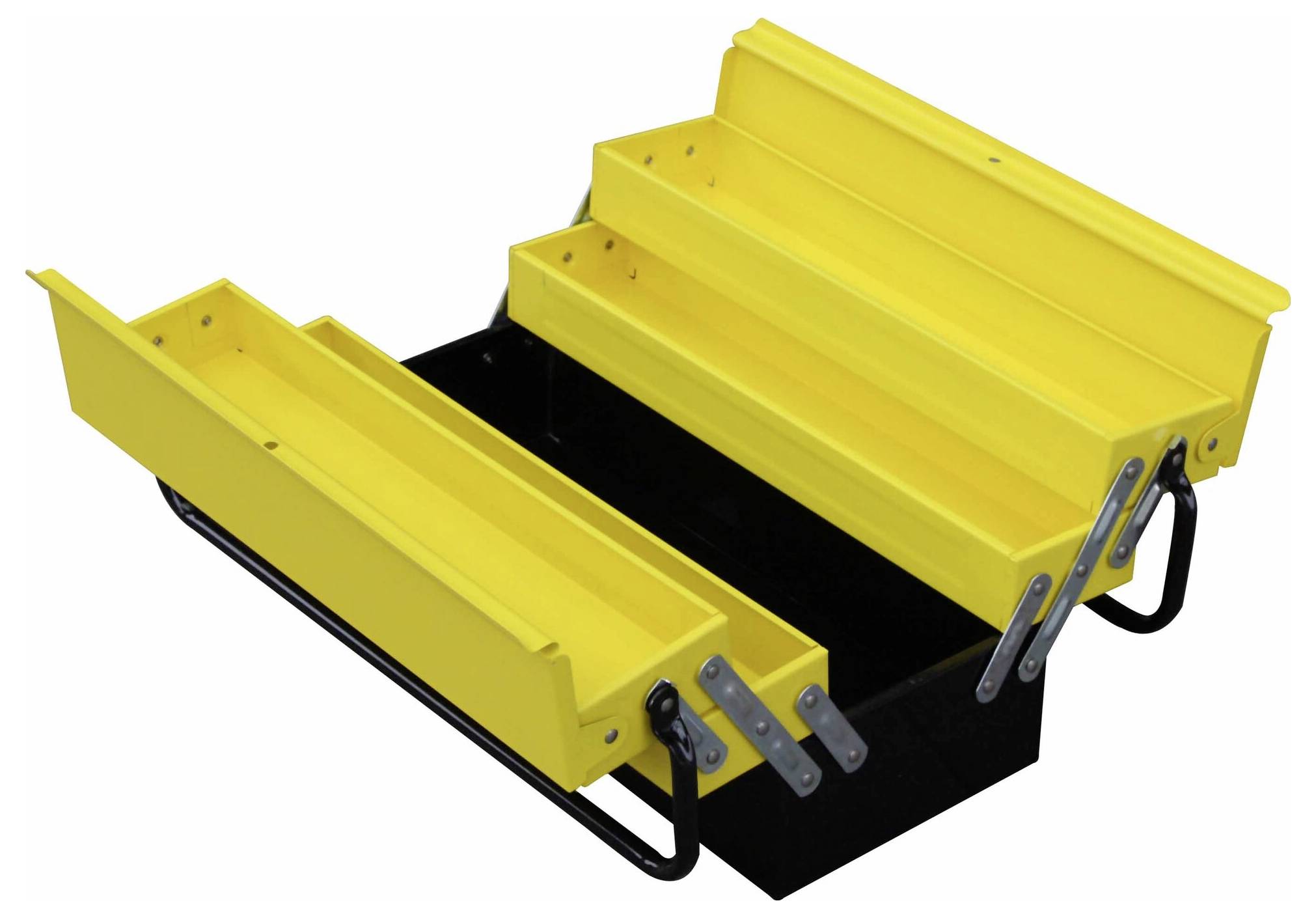 Gelber Werkzeugkasten aus Metall mit offenem Deckel und mehreren Fächern, geeignet zur Aufbewahrung von Werkzeugen.