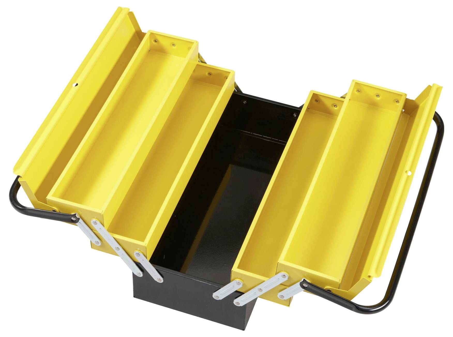 Gelber Werkzeugkasten aus Metall mit mehreren Fächern, geöffnet zur Ansicht der Innenfächer.