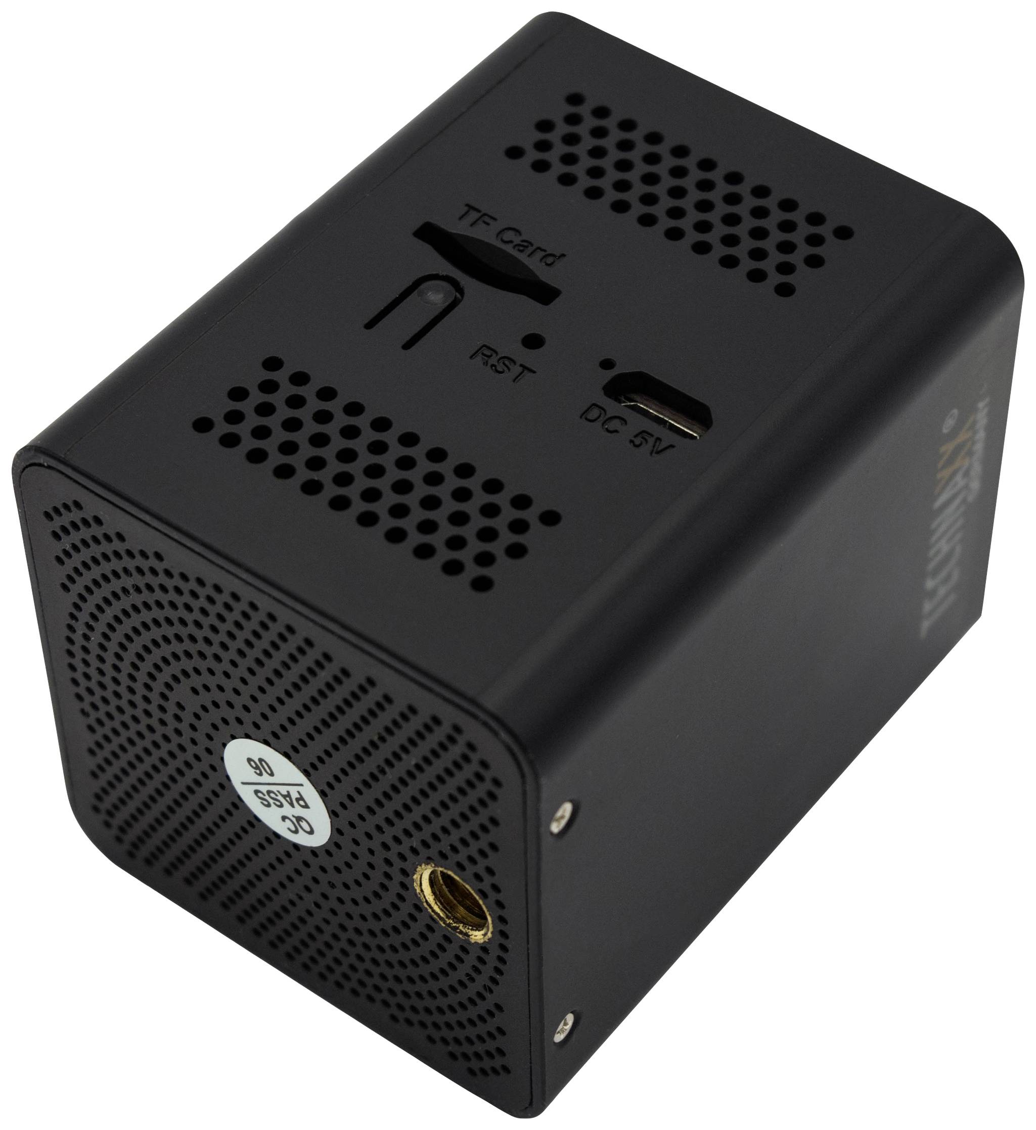 Ein schwarzer, quadratischer Lautsprecher mit Anschlüssen für TF-Karte, Reset, DC 5V und einem Audio-Ausgang.