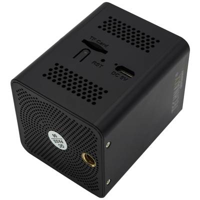 Ein schwarzer, quadratischer Lautsprecher mit Anschlüssen für TF-Karte, Reset, DC 5V und einem Audio-Ausgang.