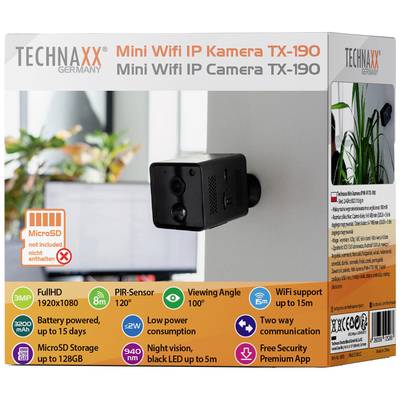 'TECHNAXX Mini Wifi IP Kamera TX-190' Verpackung. Funktionen: FullHD 1920x1080, 15m WLAN, 100° Sichtwinkel, Nachtsicht, PIR-Sensor. MicroSD bis 128GB (nicht enthalten).
