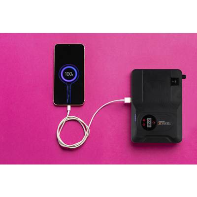 'Smartphone' auf pinkem Hintergrund, angeschlossen an eine Powerbank, zeigt 100% Akkuladung an.