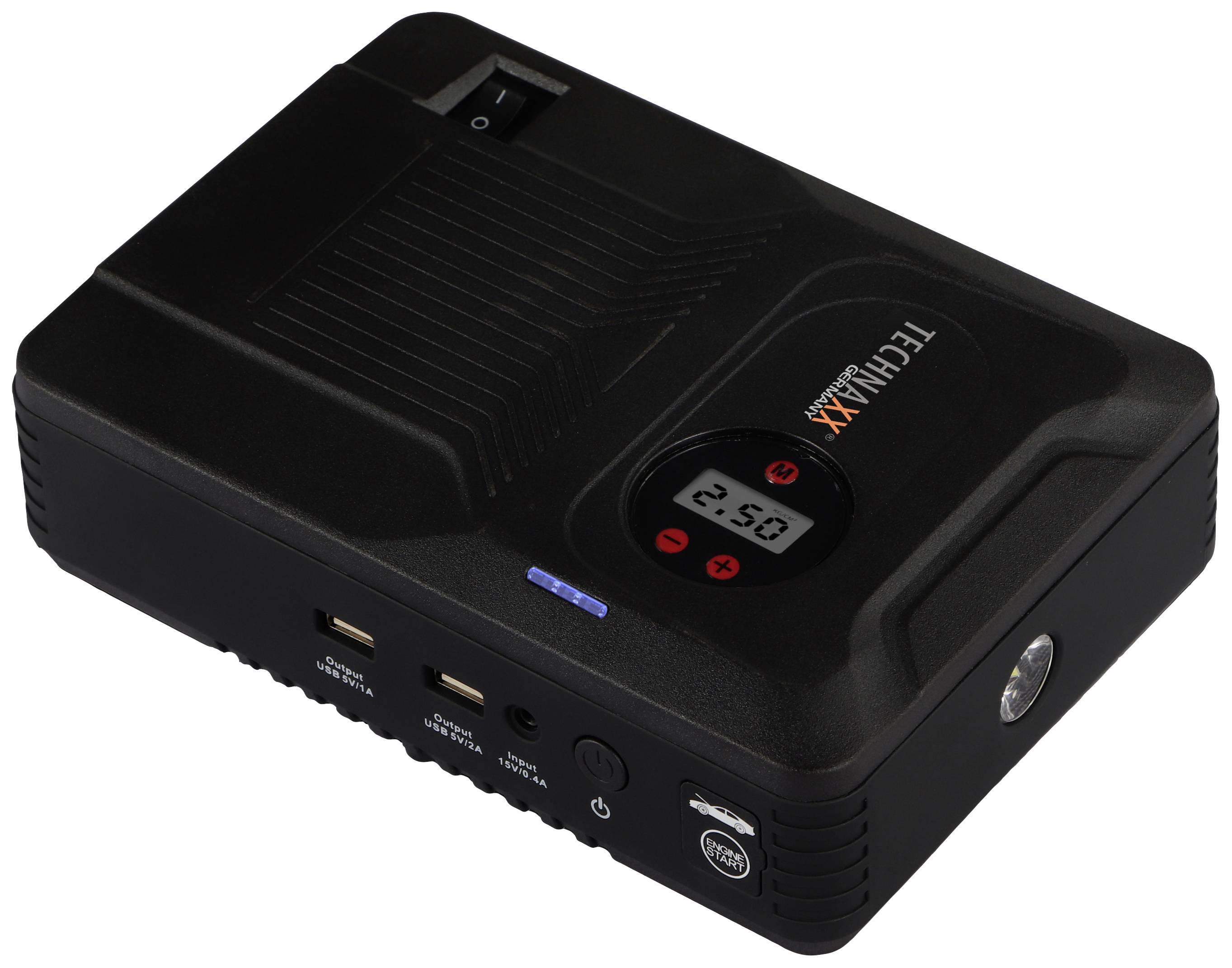 Schwarzes tragbares Ladegerät mit Display, das '25%' anzeigt. Hat USB-Anschlüsse und eine LED-Lampe an der Seite.