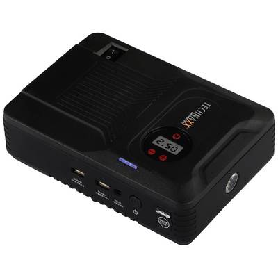 Schwarzes tragbares Ladegerät mit Display, das '25%' anzeigt. Hat USB-Anschlüsse und eine LED-Lampe an der Seite.