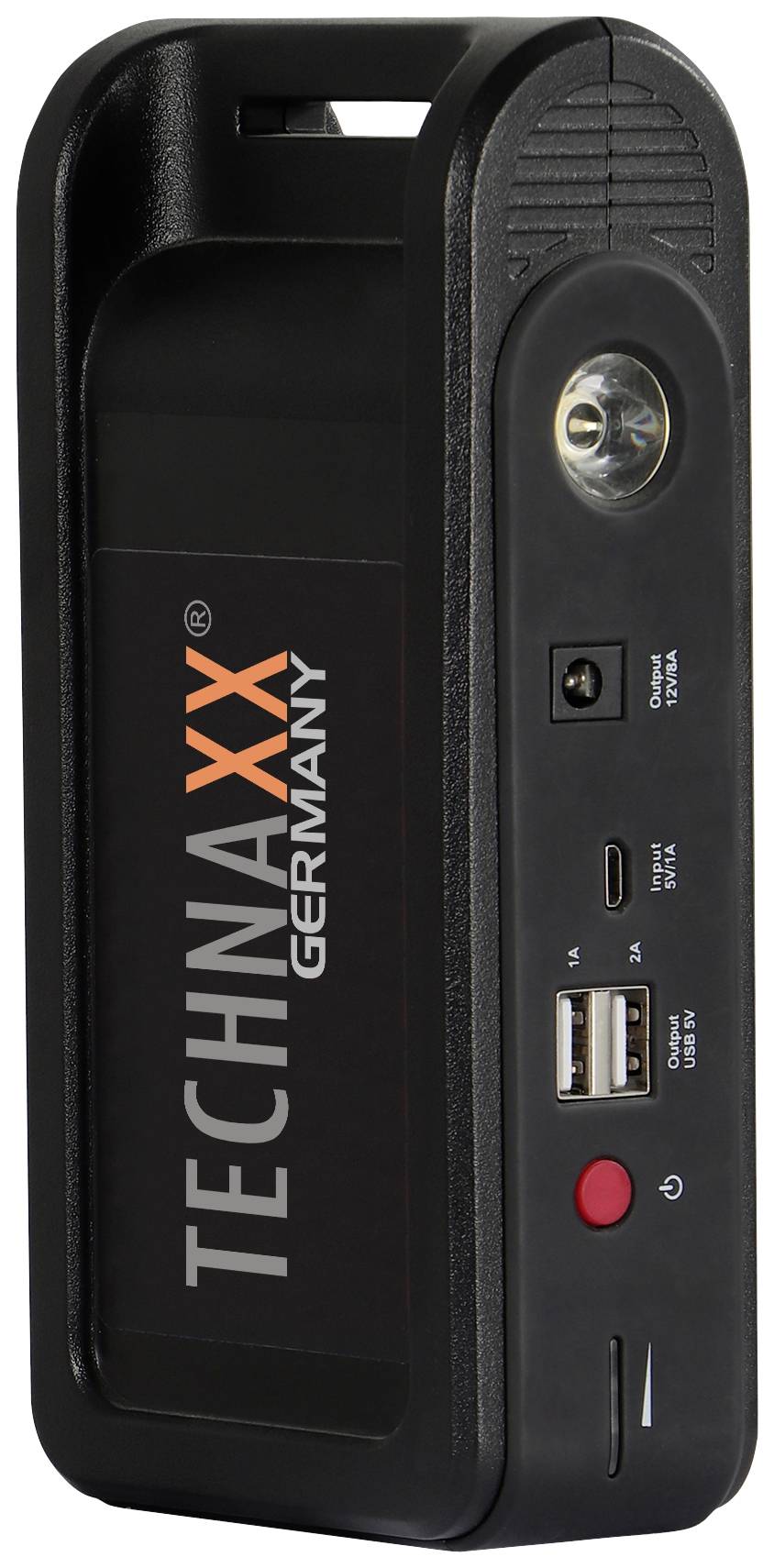 Kompakter schwarzer Auto-Starthilfe- und Powerbank-Gerät mit zwei USB-Anschlüssen, Ladeanschluss und eingebauter Taschenlampe.