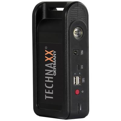 Kompakter schwarzer Auto-Starthilfe- und Powerbank-Gerät mit zwei USB-Anschlüssen, Ladeanschluss und eingebauter Taschenlampe.