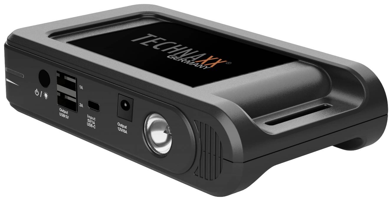 Ein tragbarer Auto-Starthilfegerät von Technaxx mit USB-Anschlüssen, LED-Licht und schwarzem Gehäuse. Ideal für Notfälle.