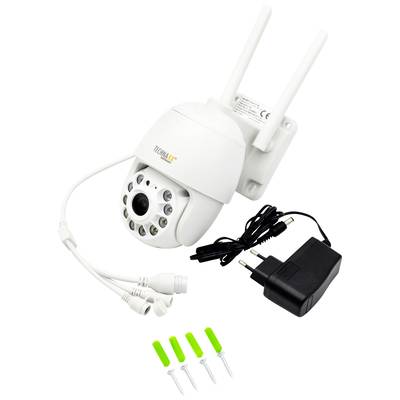 Überwachungskamera mit Antennen, Stromkabel und Montagematerial.