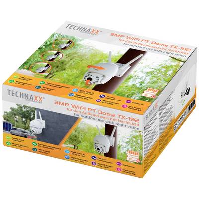 Verpackung einer 3MP WiFi PT Dome-Kamera, Modell TX-192, für den Außeneinsatz mit Nachtsicht. Enthält Kamerabilder und Funktionssymbole.
