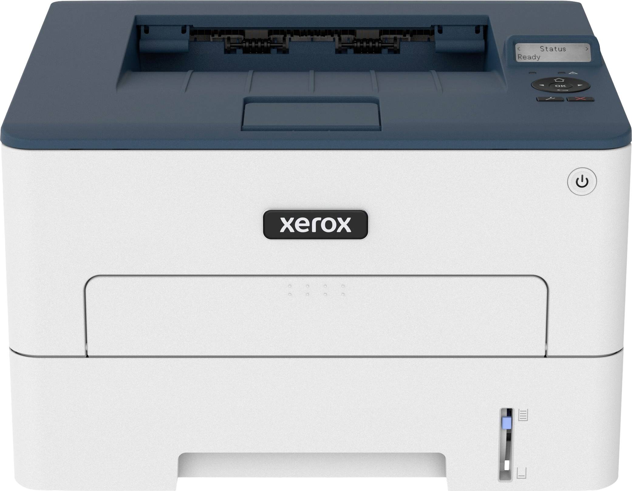 Ein Desktop-Laserdrucker mit dem Markennamen XEROX auf der Vorderseite, blauer Abdeckung und wenigen Bedienelementen rechts oben.