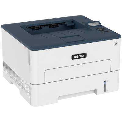 Ein weißer Drucker mit einem blauen Deckel, auf dem Markenname 'Xerox' steht. Der Drucker hat ein digitales Display und mehrere Bedienelemente.