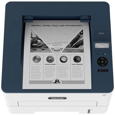 Ein Drucker druckt ein Dokument mit Text und Bildern, darunter Themen wie Freundschaft, Kaffee, Musik und Motorsport.