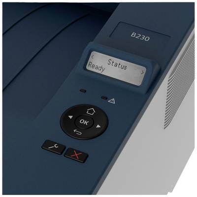 Ein blauer Drucker mit Display, das 'Status: Ready' anzeigt. Tasten für OK, Pfeile, Abbruch und Zurück sind sichtbar.