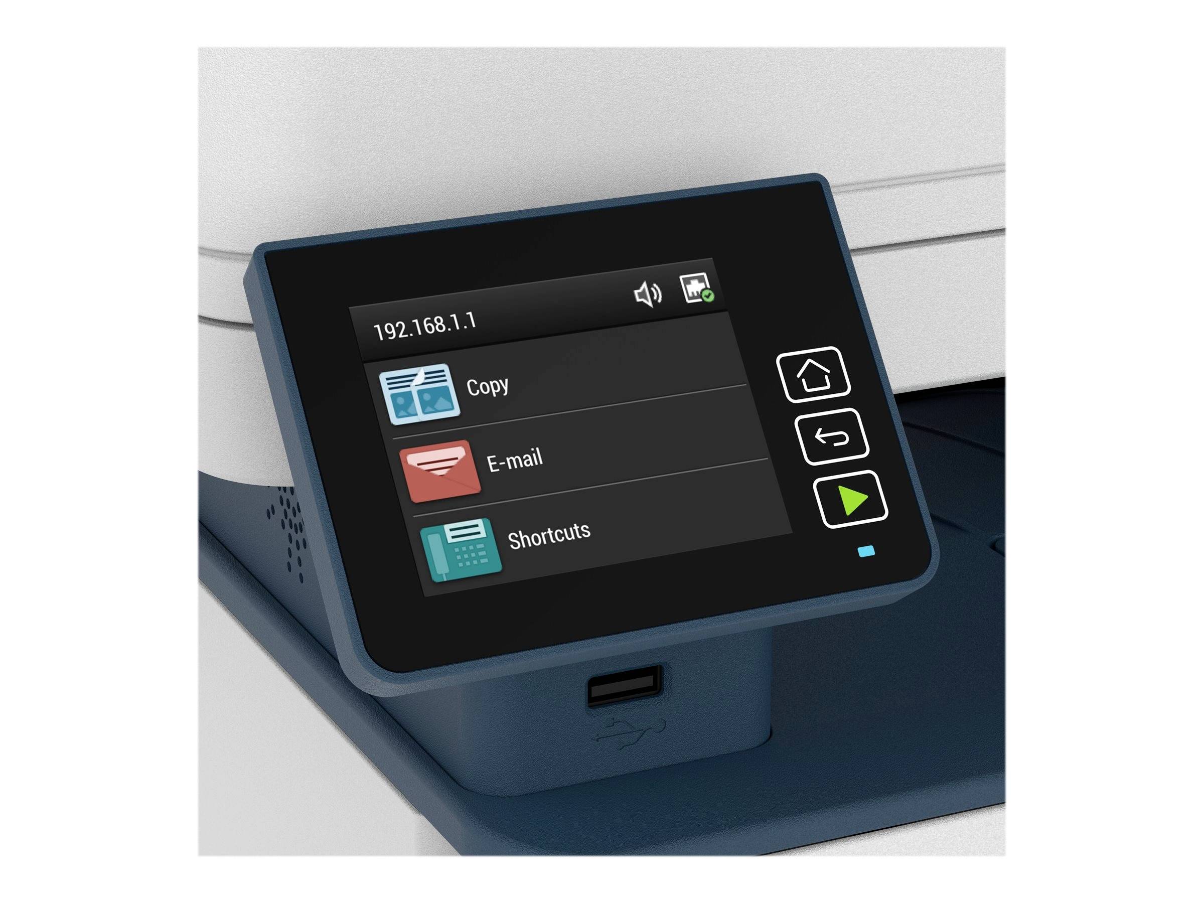 Druckerdisplay zeigt Optionen: 'Kopieren', 'E-Mail', 'Abkürzungen'. IP-Adresse oben: 192.168.1.1. Taste für Start unten rechts.