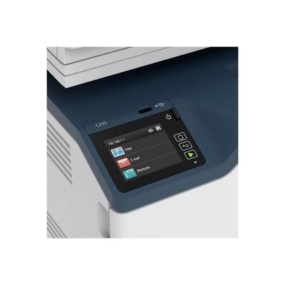 Gedrucktes Dokument mit blau-weißer Oberfläche und einem Display. Das Display zeigt Optionen wie 'Kopieren', 'E-Mail' und 'Verknüpfungen'.