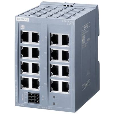 Ein grauer Netzwerk-Switch von Siemens, Modell Scalance XB116, mit 16 Ethernet-Ports für industrielle Anwendungen.