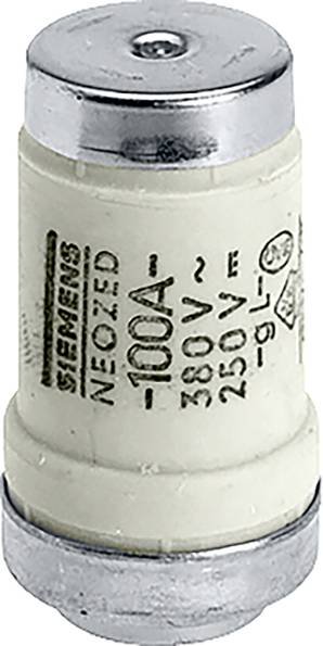 Ein zylindrischer Sicherungseinsatz mit Aufschrift: 'NEOZED 100A, 380V/250V'. Herstellerlogo und technische Symbole abgebildet.