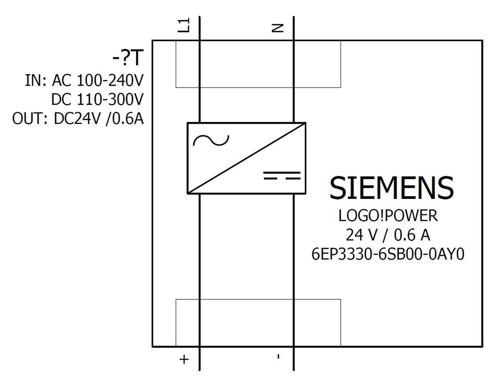 Schaltbild eines Siemens LOGO!Power Moduls. Eingang: AC 100-240V, DC 110-300V. Ausgang: DC 24V / 0,6A. Modellnummer: 6EP3330-6SB00-0AY0.