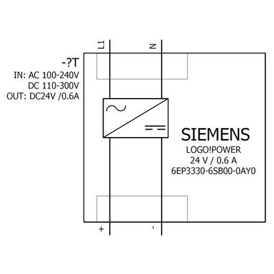 Schaltbild eines Siemens LOGO!Power Moduls. Eingang: AC 100-240V, DC 110-300V. Ausgang: DC 24V / 0,6A. Modellnummer: 6EP3330-6SB00-0AY0.