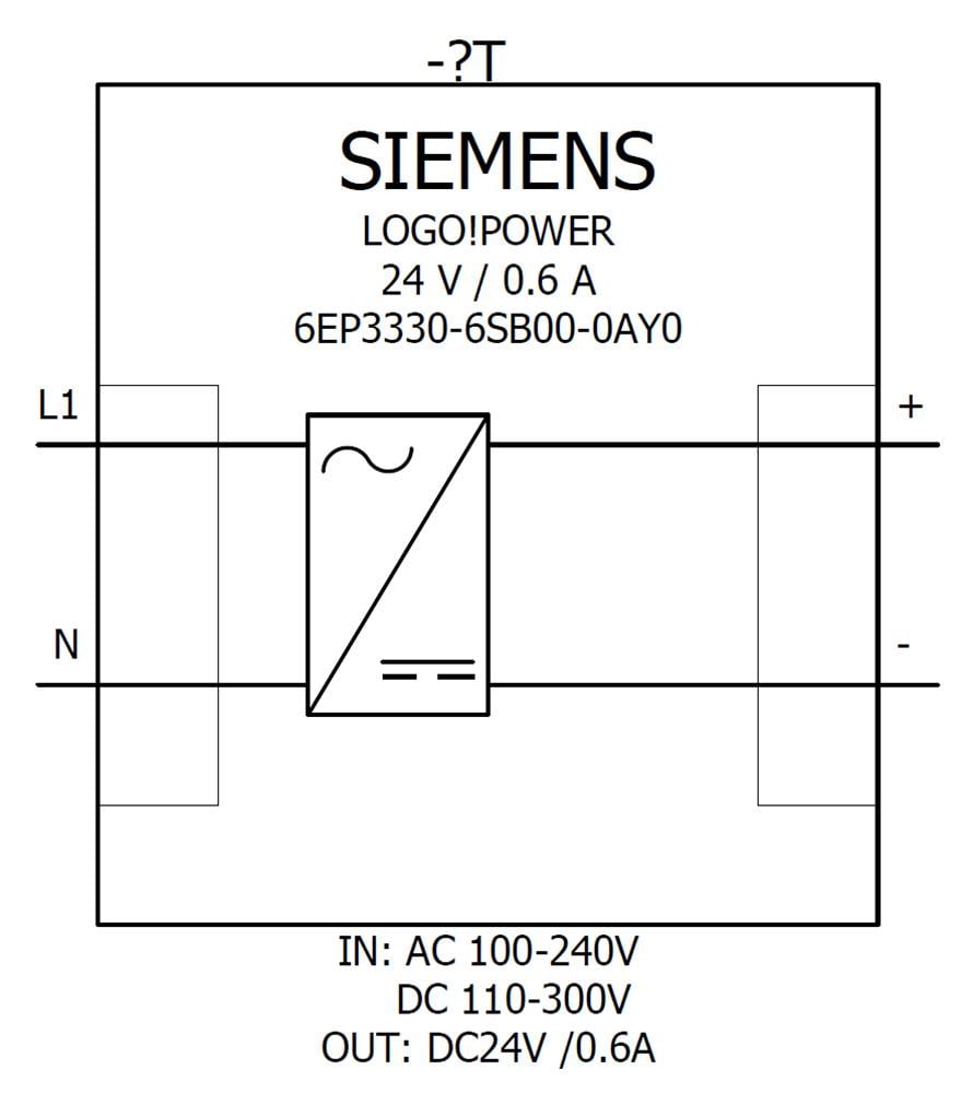 Technische Zeichnung eines Siemens-Logo-Netzteils. Angaben: 24 V, 0,6 A; IN: AC 100-240V, DC 110-300V; OUT: DC24V/0.6A.