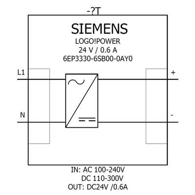 Technische Zeichnung eines Siemens-Logo-Netzteils. Angaben: 24 V, 0,6 A; IN: AC 100-240V, DC 110-300V; OUT: DC24V/0.6A.