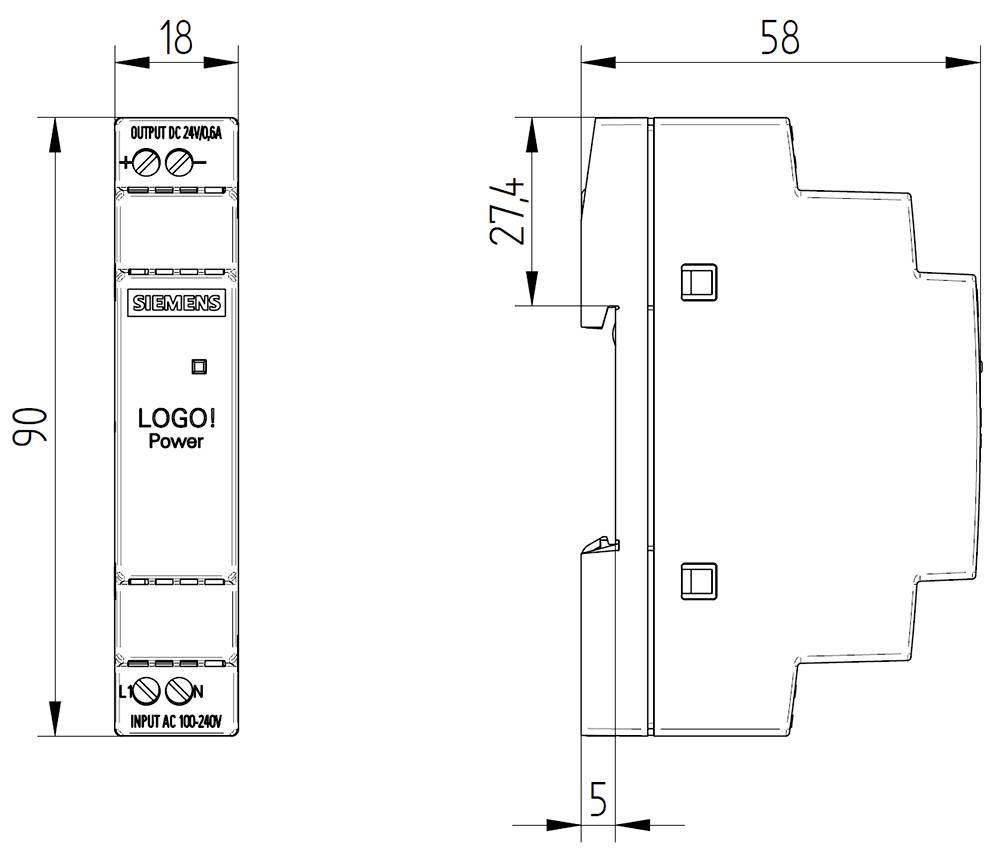 Abmessungen eines elektrischen Geräts. Höhe 90mm, Breite 18mm, Tiefe 58mm. Beschriftung: 'LOGO! Power, OUTPUT DC 24V/0.4A'.