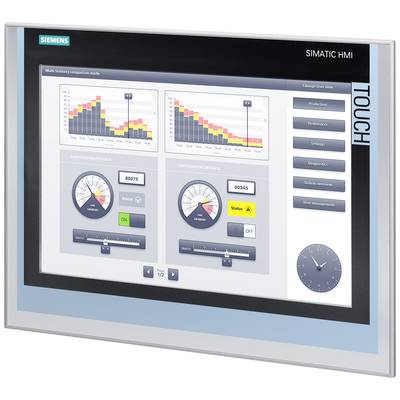 Industrie-Touchscreen mit HMI-Software, zeigt zwei Diagramme mit Balken und Messanzeigen. Rechts befinden sich Bedienelemente.