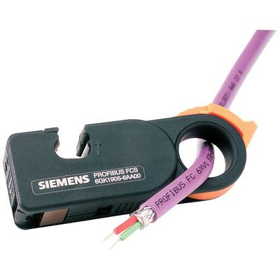 'Siemens PROFIBUS FCS' Werkzeug trennt Kabelmantel eines lila PROFIBUS-Kabels. Zwei Kupferdrähte sind sichtbar.