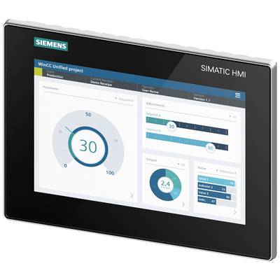 Touchscreen-Display einer Siemens HMI-Einheit zeigt Steuerungssoftware mit Kreisdiagramm für Parameter, Diagrammen für Anpassungen und Ausgaben.