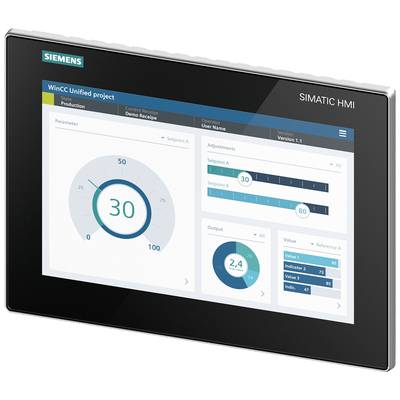 Das Bild zeigt ein Siemens HMI-Display mit einer Benutzeroberfläche zur Steuerung von Parametern und Einstellungen eines Projekts.