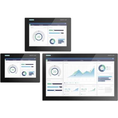 Drei verschiedene HMI-Bildschirme mit Diagrammen und Grafiken, die Daten wie Geschwindigkeit, Durchfluss und andere Messwerte darstellen.