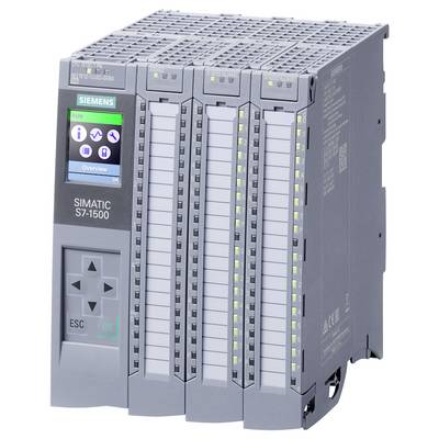 'Siemens SIMATIC S7-1500' SPS-Steuerung mit LCD-Anzeige und mehreren Erweiterungsmodulen, dient zur Automatisierung industrieller Prozesse.