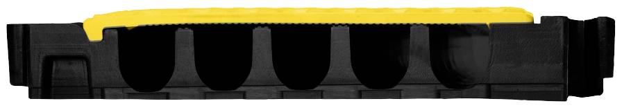 Schwarzes Kunststoffgehäuse mit gelbem Streifen oben, das eventuell ein Teil eines größeren Geräts sein könnte.