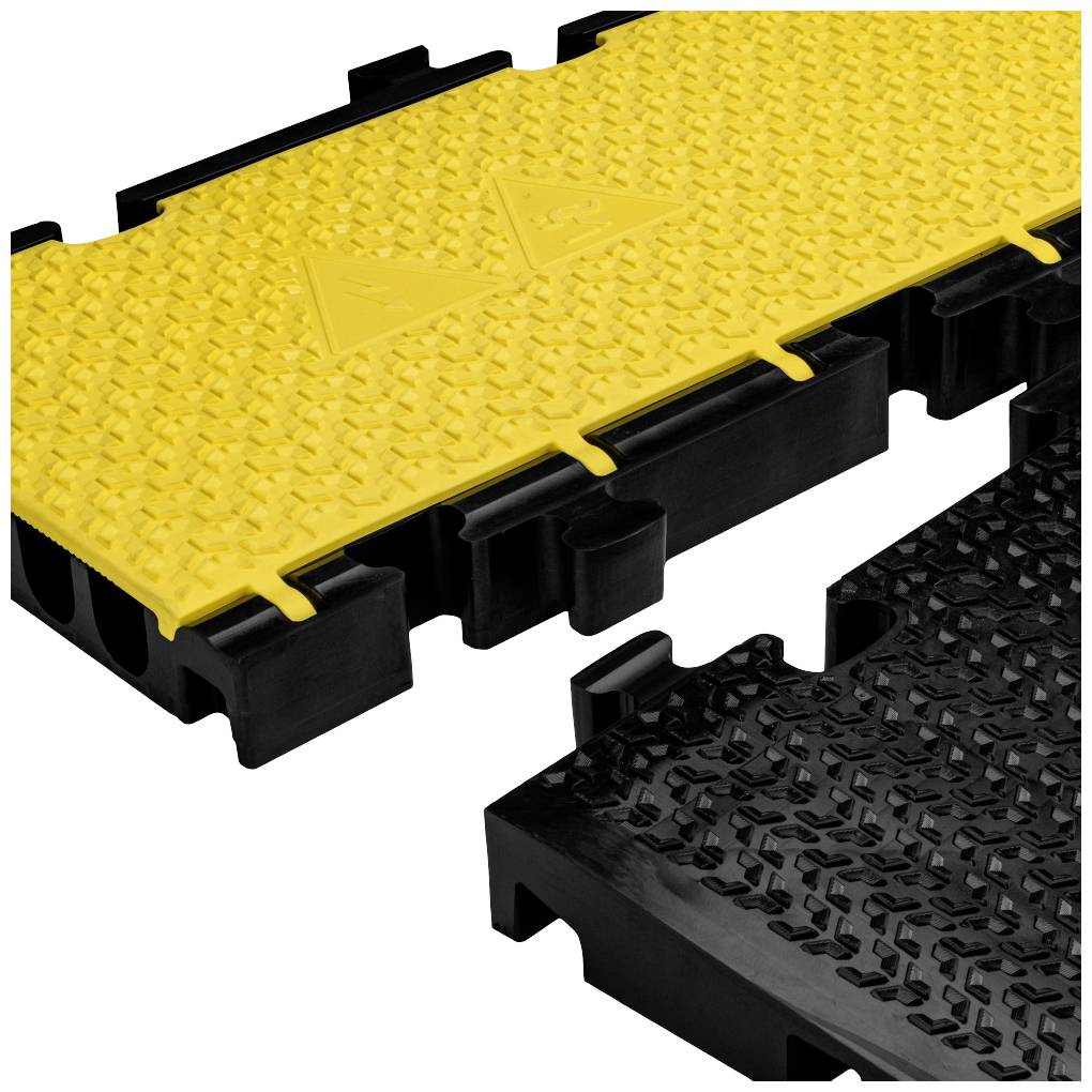 Gelbe und schwarze Kabelbrücke aus Kunststoff mit rutschfester Oberfläche. Verbundene Module für Kabelschutz, robust und stabil.