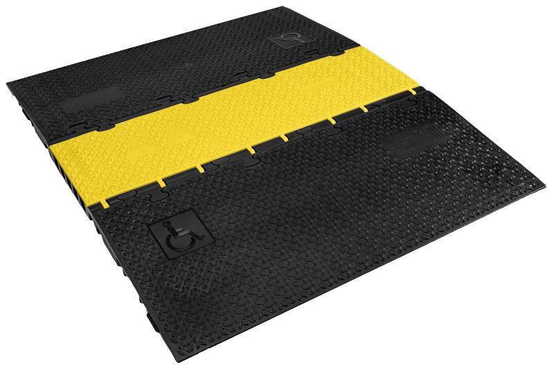 Schwarze Kabelbrücke mit gelbem Streifen in der Mitte, strukturiert für rutschfeste Oberfläche. Verbindungsstücke an den Seiten.