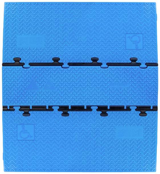 Blaues Puzzleteil-Bodenbelag mit Symbolen für Rollstuhlzugang, Baustellen und leichtes Gewicht, mit ineinandergreifenden Kanten.