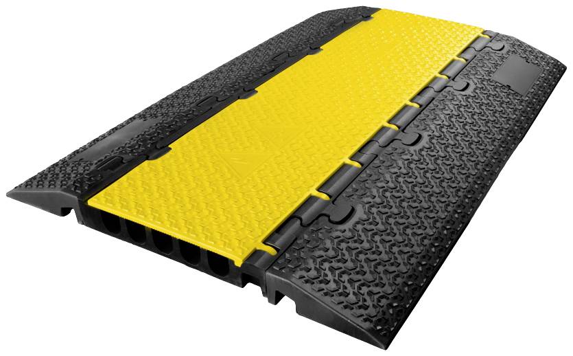 Kabelbrücke mit schwarzem und gelbem Rautenmuster-Design, geeignet zum Schutz von Kabeln in belebten Bereichen.