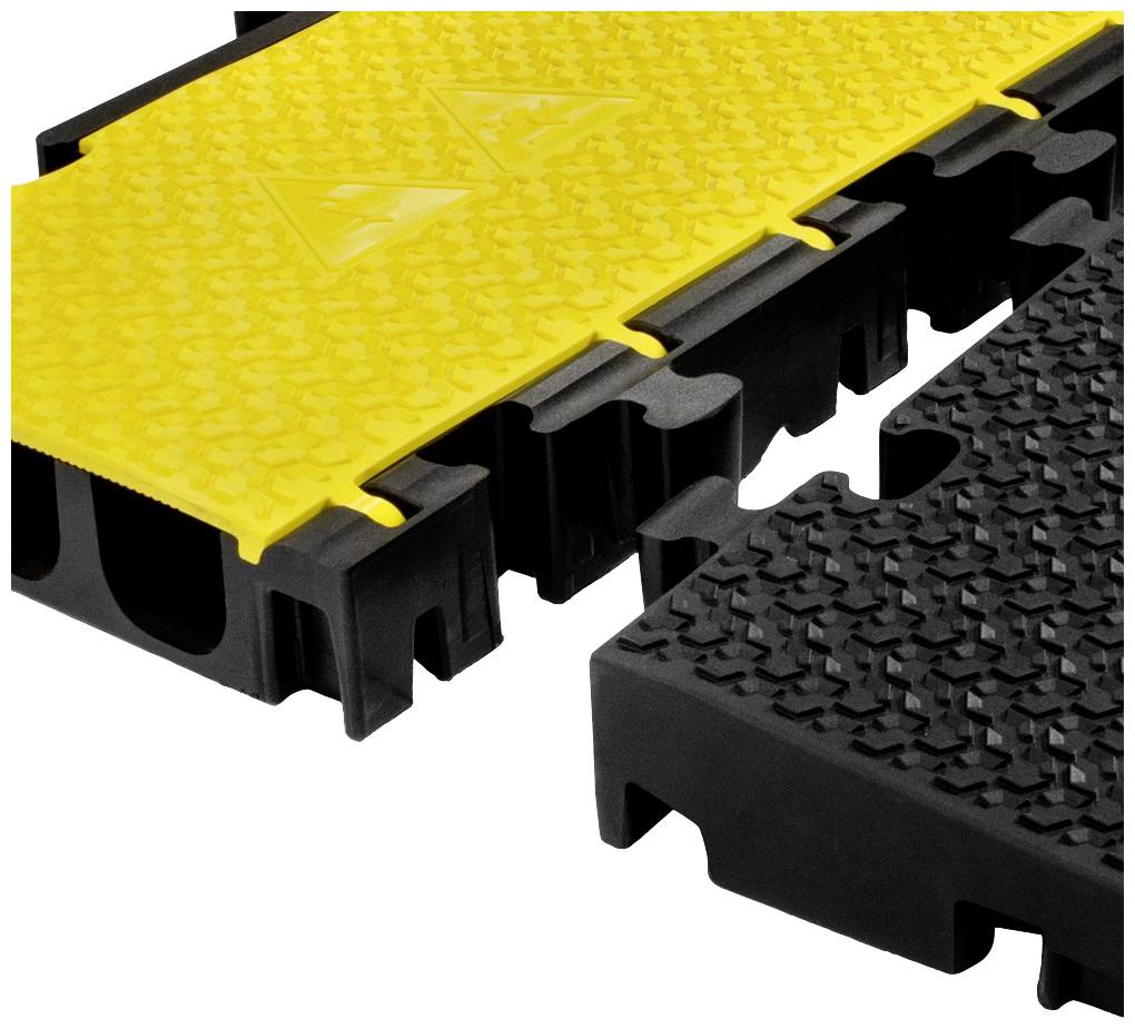 Modulare Bodenplatten in Schwarz und Gelb, ineinandergreifend, für flexiblen Schutz und Sicherheit.