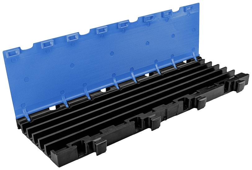 Kunststofffachträger mit blauer Rückwand und schwarzen Rippen für die Trennung und Organisation von Nummernschildern.