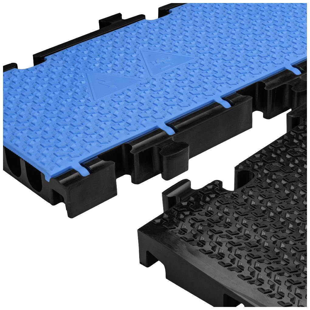 Zwei ineinandergreifende Kunststoffplatten, eine blau, eine schwarz, mit rutschfester Oberfläche für sicheren Stand oder Schutz.