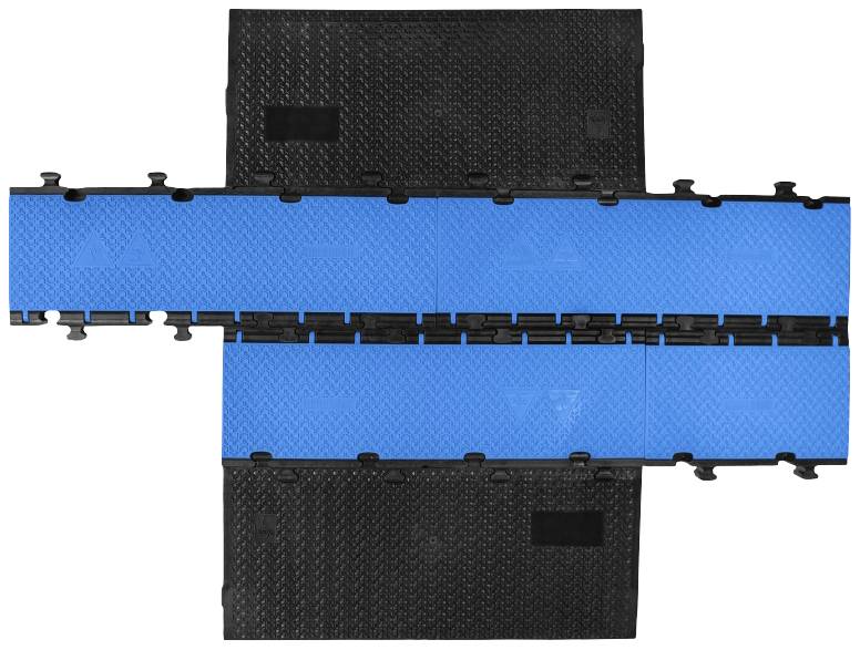 Ein schwarzes und blaues Bodenplatten-System mit ineinandergreifenden Kanten, das Flexibilität und einfache Anpassung ermöglicht.